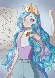 Size: 905x1280 | Tagged: safe, artist:glorious-rarien, princess celestia, alicorn, anthro, g4, blushing, breasts, cleavage, clothes, female, jeans, jewelry, mare, pants, regalia, smiling, solo, tank top