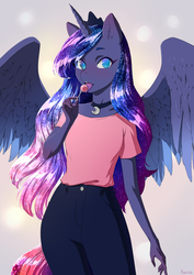 Size: 905x1280 | Tagged: safe, artist:glorious-rarien, princess luna, alicorn, anthro, g4, blushing, candy, clothes, female, food, jeans, licking, lollipop, looking at you, mare, pants, shirt, smiling, solo, t-shirt, tongue out