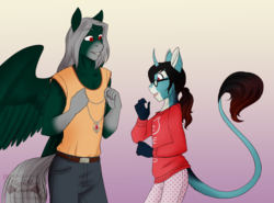 Size: 1071x793 | Tagged: safe, artist:blackblood-queen, oc, oc only, oc:annie belle, oc:silver sword, dracony, hybrid, anthro, anthro oc, clothes, female, gradient background, jewelry, leonine tail, male, mare, necklace, smiling, stallion