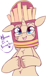 Size: 619x982 | Tagged: safe, artist:lulubell, oc, oc only, oc:lulubell, pony, belly fluff, bust, chest fluff, clothes, costume, food, food costume, freckles, french fries, french fries costume, glasses, hat, simple background, solo, transparent background, unshorn fetlocks