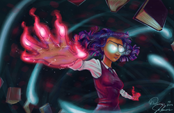 Size: 5100x3300 | Tagged: safe, artist:tadpoledraws, sci-twi, twilight sparkle, equestria girls, g4, absurd resolution, clothes, dark skin, female, glasses, glowing eyes, human coloration, magic, signature, solo