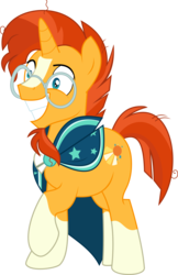 Size: 9398x14483 | Tagged: safe, artist:shootingstarsentry, sunburst, pony, unicorn, g4, the parent map, absurd resolution, cape, clothes, coat markings, glasses, happy, male, raised hoof, simple background, smiling, socks (coat markings), solo, stallion, transparent background, vector