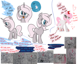 Size: 1214x1000 | Tagged: safe, artist:emositecc, oc, oc:nebula, pony, unicorn, comic:empty halls, character description, information, lined paper, reference sheet, sketch, text, traditional art