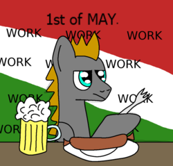 Size: 512x489 | Tagged: safe, artist:platinumdrop, oc, oc only, oc:platinumdrop, alcohol, beer, flag, food, fork, hungary, international workers' day, meat, sausage