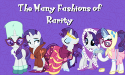 Size: 1642x994 | Tagged: artist needed, safe, edit, rarity, g4, camping outfit, clothes, commonity, costume, detective rarity, dress, gala dress, multeity, winter outfit