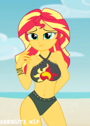 Size: 1024x1425 | Tagged: dead source, safe, artist:danielitamlp, sunset shimmer, human, equestria girls, equestria girls series, g4, arm behind back, beach, belly button, bikini, breasts, busty sunset shimmer, clothes, female, solo, swimsuit