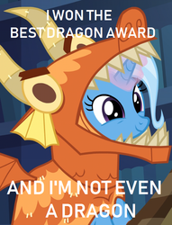 Size: 570x746 | Tagged: safe, edit, edited screencap, screencap, trixie, pony, unicorn, g4, uncommon bond, best dragon, best pony, clothes, costume, cropped, cute, diatrixes, dragon costume, female, glowing horn, horn, image macro, mare, meme, smiling, solo