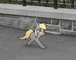 Size: 580x462 | Tagged: safe, artist:yanamosuda, derpy hooves, pony, two legged creature, g4, adorawat, cursed image, dumb running ponies, female, half cat, mare, meme, ponified animal photo, smiling, solo, walking, wat, what has science done, when you walking