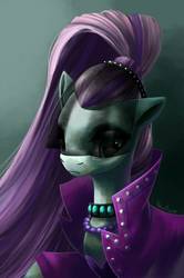 Size: 720x1084 | Tagged: safe, artist:new-house, coloratura, earth pony, pony, g4, abstract background, clothes, countess coloratura, female, jacket, jewelry, mare, necklace, ponytail, solo, veil