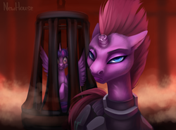 Size: 5000x3700 | Tagged: safe, artist:new-house, tempest shadow, twilight sparkle, alicorn, pony, unicorn, g4, my little pony: the movie, armor, broken horn, cage, crying, duo, eye scar, female, frown, horn, lidded eyes, looking at you, mare, open up your eyes, prisoner, raised hoof, scar, scene interpretation, spread wings, twilight sparkle (alicorn), wide eyes, wings