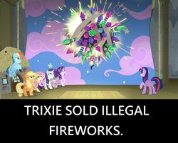 Size: 1276x1032 | Tagged: safe, edit, edited screencap, screencap, applejack, fluttershy, rainbow dash, rarity, spike, starlight glimmer, twilight sparkle, alicorn, dragon, earth pony, pegasus, pony, unicorn, g4, horse play, female, firework sun, fireworks, gandalf in the comments, image macro, imminent explosion, implied trixie, male, mare, meme, this will end in death, this will end in explosions, this will end in pain, twilight sparkle (alicorn)