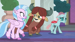 Size: 1280x720 | Tagged: safe, screencap, ocellus, silverstream, yona, changedling, changeling, classical hippogriff, hippogriff, yak, g4, school daze, cloven hooves, female, trio