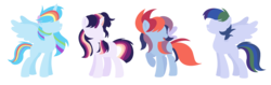 Size: 3664x1152 | Tagged: dead source, safe, artist:rainbows-skies, oc, oc only, oc:celestial moon, oc:colour sparkling, oc:magic flight, oc:sparkle dash, alicorn, pegasus, pony, unicorn, female, hooves, horn, lineless, magical lesbian spawn, mare, minimalist, missing cutie mark, modern art, offspring, open mouth, parent:rainbow dash, parent:twilight sparkle, parents:twidash, simple background, spread wings, transparent background, wings