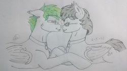 Size: 3840x2160 | Tagged: safe, artist:skipper arias, oc, oc only, oc:skipper arias, bat pony, bat pony oc, boop, glasses, heart, high res, noseboop, oc x oc, partial color, shipping, sketch, traditional art