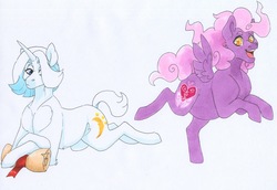 Size: 3192x2198 | Tagged: safe, artist:frozensoulpony, oc, oc only, oc:cotton sweetheart, oc:frost verse, pegasus, pony, unicorn, high res, male, parents:oc x oc, prone, scroll, stallion, traditional art