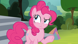 Size: 1920x1080 | Tagged: safe, screencap, pinkie pie, earth pony, pony, g4, horse play, female, looking up, outdoors, raised eyebrow, raised hoof, solo