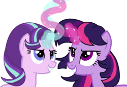 Size: 1210x832 | Tagged: safe, artist:rainbows-skies, starlight glimmer, twilight sparkle, alicorn, pony, unicorn, g4, base used, glowing horn, horn, magic, simple background, transparent background, twilight sparkle (alicorn)