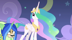 Size: 1920x1080 | Tagged: safe, screencap, princess celestia, yona, alicorn, pony, yak, g4, horse play, cute, cutelestia, face of mercy, fake ears, fake horn, female, hair over one eye, smiling