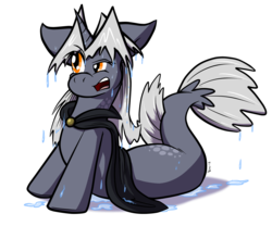 Size: 3165x2632 | Tagged: safe, artist:virmir, oc, oc only, oc:virmare, oc:virmir, pony, seapony (g4), unicorn, cape, clothes, fish tail, flowing tail, gray mane, high res, horn, lying down, open mouth, orange eyes, seaponified, simple background, solo, species swap, tail, teeth, transparent background, water, wet, wet mane