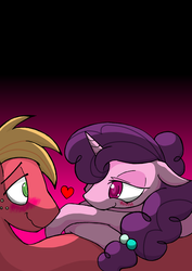 Size: 4964x7020 | Tagged: safe, artist:zemlya, big macintosh, sugar belle, earth pony, pony, unicorn, g4, absurd resolution, blushing, colored pupils, crossed hooves, cuddling, duo, eye contact, female, floating heart, floppy ears, freckles, gradient background, heart, looking at each other, lying on top of someone, male, mare, on side, on top, pixiv, ship:sugarmac, shipping, stallion, straight, wavy mouth
