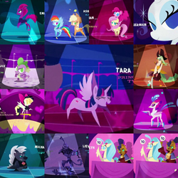 Size: 1920x1920 | Tagged: safe, screencap, capper dapperpaws, captain celaeno, fluttershy, grubber, pinkie pie, princess skystar, queen novo, rarity, songbird serenade, spike, storm king, tempest shadow, twilight sparkle, abyssinian, alicorn, classical hippogriff, earth pony, hippogriff, pegasus, pony, unicorn, anthro, g4, my little pony: the movie, anthro with ponies, bow, chest fluff, cowboy hat, dancing, do the sparkle, end credits, female, hair bow, hat, lasso, male, mare, pointy ponies, rope, twilight sparkle (alicorn)