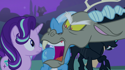 Size: 1280x720 | Tagged: safe, screencap, discord, starlight glimmer, thorax, trixie, changeling, g4, to where and back again, angry, surprised