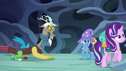 Size: 1280x720 | Tagged: safe, screencap, discord, starlight glimmer, trixie, draconequus, pony, unicorn, g4, to where and back again, all fours, changeling hive, clothes, confused, female, hat, male, mare, saddle bag, scarf, trio, wizard hat
