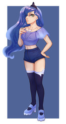 Size: 1481x2789 | Tagged: safe, artist:monnian, princess luna, human, g4, belly button, clothes, crown, female, high heels, humanized, jewelry, looking at you, midriff, necklace, regalia, shoes, short shirt, shorts, smiling, socks, solo, thigh highs