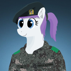 Size: 886x886 | Tagged: safe, artist:cocopommel, oc, oc only, oc:malchang, pony, army, beret, camouflage, clothes, ear fluff, hat, korean, military, military uniform, ponytail, republic of korea army, solo, uniform