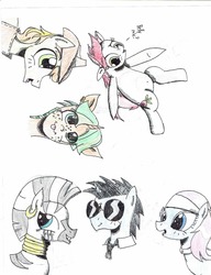 Size: 1680x2186 | Tagged: safe, artist:sixes&sevens, derpibooru exclusive, braeburn, lotus blossom, neon lights, rising star, roseluck, snails, zecora, g4, colored pencil drawing, tongue out, traditional art