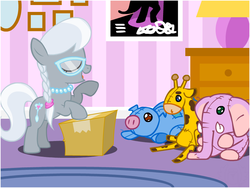 Size: 800x600 | Tagged: safe, artist:flash equestria photography, silver spoon, g4, box, cute, doll, female, imagination, lamp, playing, plushie, poster, pretend, room, silverbetes, toy