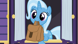 Size: 1280x720 | Tagged: safe, screencap, trixie, pony, unicorn, g4, to where and back again, cute, diatrixes, female, mare, mouth hold, saddle bag, smiling, solo, to saddlebags and back again, trixie's wagon, wagon, window