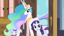 Size: 1280x720 | Tagged: safe, screencap, opalescence, princess celestia, rarity, alicorn, cat, pony, unicorn, g4, sweet and elite, amazed, beautiful, door, eyes closed, female, flowing mane, impressed, looking around, luxury, mare, smiling, trio