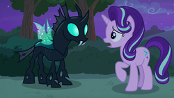 Size: 1280x720 | Tagged: safe, screencap, starlight glimmer, thorax, changeling, pony, unicorn, g4, to where and back again, bush, confused, female, male, night, tree, wings