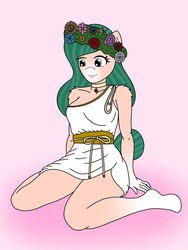 Size: 900x1200 | Tagged: safe, artist:linedraweer, oc, oc only, oc:lady gaia, anthro, anthro oc, clothes, female, floral head wreath, flower, flower in hair, kneeling, sitting, solo, toga