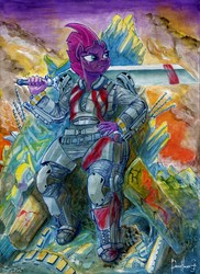 Size: 6038x8302 | Tagged: safe, artist:invalid-david, fizzlepop berrytwist, tempest shadow, anthro, g4, my little pony: the movie, absurd resolution, armor, blade, commission, edge of tomorrow, emily blunt, female, propeller blade, rita vrataski, signature, solo, sword, traditional art, voice actor joke, watercolor painting, weapon, wreckage