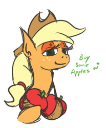 Size: 303x366 | Tagged: safe, artist:jargon scott, applejack, earth pony, pony, g4, apple, bra, bra on pony, clothes, dialogue, fake breasts, female, food, lidded eyes, mare, simple background, smiling, solo, that pony sure does love apples, underwear, white background
