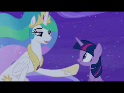 Size: 960x720 | Tagged: safe, edit, screencap, princess celestia, twilight sparkle, alicorn, pony, g4, horse play, animated, caption, cloud, female, gem, gritted teeth, hooves, horn, jewelry, letterboxing, mare, night, night sky, no sound, on a cloud, raised hoof, regalia, sitting, sitting on a cloud, sky, standing on a cloud, stars, talking, teeth, text, tiara, twilight sparkle (alicorn), webm, wings