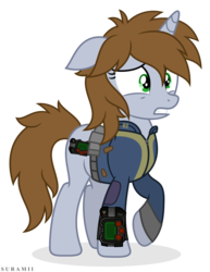 Size: 4686x6083 | Tagged: safe, artist:suramii, oc, oc only, oc:littlepip, pony, unicorn, fallout equestria, absurd resolution, clothes, fanfic, fanfic art, female, floppy ears, hooves, horn, jumpsuit, mare, pipbuck, raised hoof, simple background, solo, teeth, transparent background, vault suit