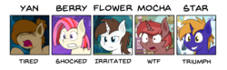 Size: 5820x1782 | Tagged: safe, artist:reconprobe, oc, oc:flower star, oc:mocha, oc:star bright, oc:strawberry swirl, oc:yan, bat pony, earth pony, pony, unicorn, emotions, female, male, mare, stallion