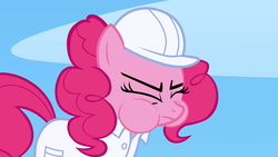 Size: 1280x720 | Tagged: safe, screencap, pinkie pie, earth pony, pony, g4, sonic rainboom (episode), eyes closed, female, hard hat, mare, puffy cheeks, solo, weather factory uniform