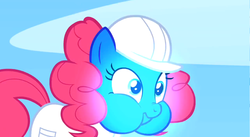 Size: 1920x1050 | Tagged: safe, screencap, pinkie pie, earth pony, pony, g4, sonic rainboom (episode), blue, blue face, female, glowing, hard hat, mare, puffy cheeks, solo, weather factory uniform