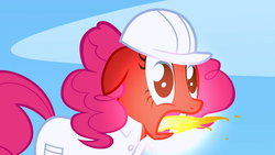 Size: 1280x720 | Tagged: safe, screencap, pinkie pie, earth pony, pony, g4, sonic rainboom (episode), female, fire, fire breath, floppy ears, glowing, hard hat, mare, open mouth, red, red face, solo, weather factory uniform