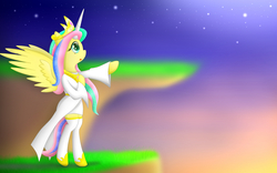 Size: 1600x1000 | Tagged: safe, artist:berryveloce, fluttershy, pegasus, pony, g4, horse play, bipedal, celestia costume, clothes, cosplay, costume, female, hoof on chest, open mouth, pointing, profile, reaching, shylestia, solo, spread wings, stars, stockings, sunrise, thigh highs, twilight (astronomy), white stockings, wings