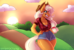 Size: 3000x2000 | Tagged: safe, artist:shyshyoctavia, applejack, earth pony, anthro, g4, breasts, busty applejack, cleavage, clothes, cowboy hat, female, front knot midriff, hat, high res, midriff, plaid, shorts, smiling, solo, stetson, sun, sunset