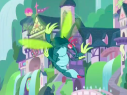 Size: 396x295 | Tagged: safe, screencap, ocellus, changeling, g4, school daze, arthropod, building, changeling mega evolution, cropped, female, flailing, flying, school of friendship, solo, stinger