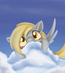 Size: 670x757 | Tagged: safe, artist:dusthiel, derpy hooves, pegasus, pony, g4, blushing, cloud, cute, derpabetes, female, mare, nom, peeking, sky, solo