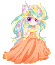 Size: 1280x1515 | Tagged: safe, artist:thenightdarksecret, princess celestia, alicorn, anthro, g4, bipedal, clothes, crown, dress, female, jewelry, looking at you, necklace, regalia, simple background, solo, white background