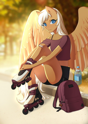 Size: 904x1280 | Tagged: safe, artist:glorious-rarien, oc, oc only, oc:perfect pour, pegasus, anthro, plantigrade anthro, backpack, bandaid, bra strap, clothes, female, looking at you, mare, roller skates, shirt, sitting, solo, sports shorts, t-shirt, water bottle