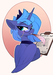 Size: 1560x2185 | Tagged: safe, artist:yakovlev-vad, princess luna, alicorn, pony, g4, abstract background, blushing, clipboard, cute, equation, female, glasses, hit list, looking at you, looking back, looking over shoulder, lunabetes, mare, math, mouth hold, quill, quill pen, raised eyebrow, s1 luna, simple background, solo, this will end in death